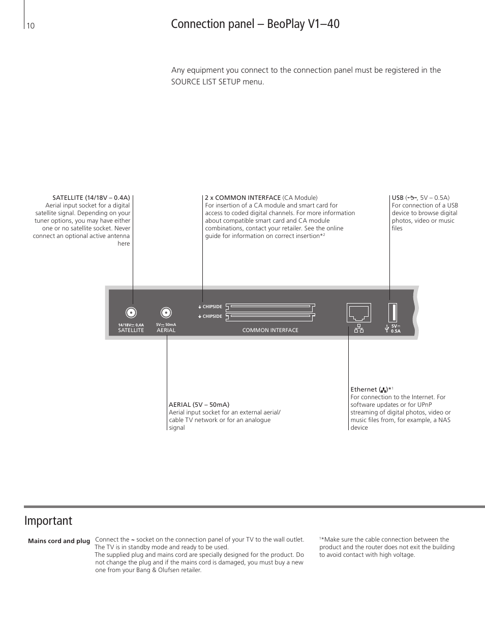 Connection panel – beoplay v1–40, Important | Bang & Olufsen BeoPlay V1 Getting Started User Manual | Page 10 / 24