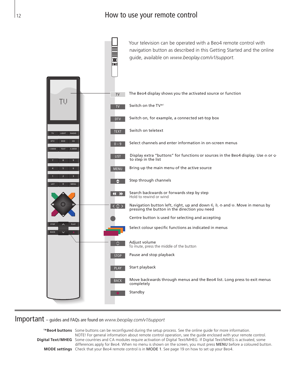How to use your remote control, Important | Bang & Olufsen BeoPlay V1 Getting Started User Manual | Page 12 / 24