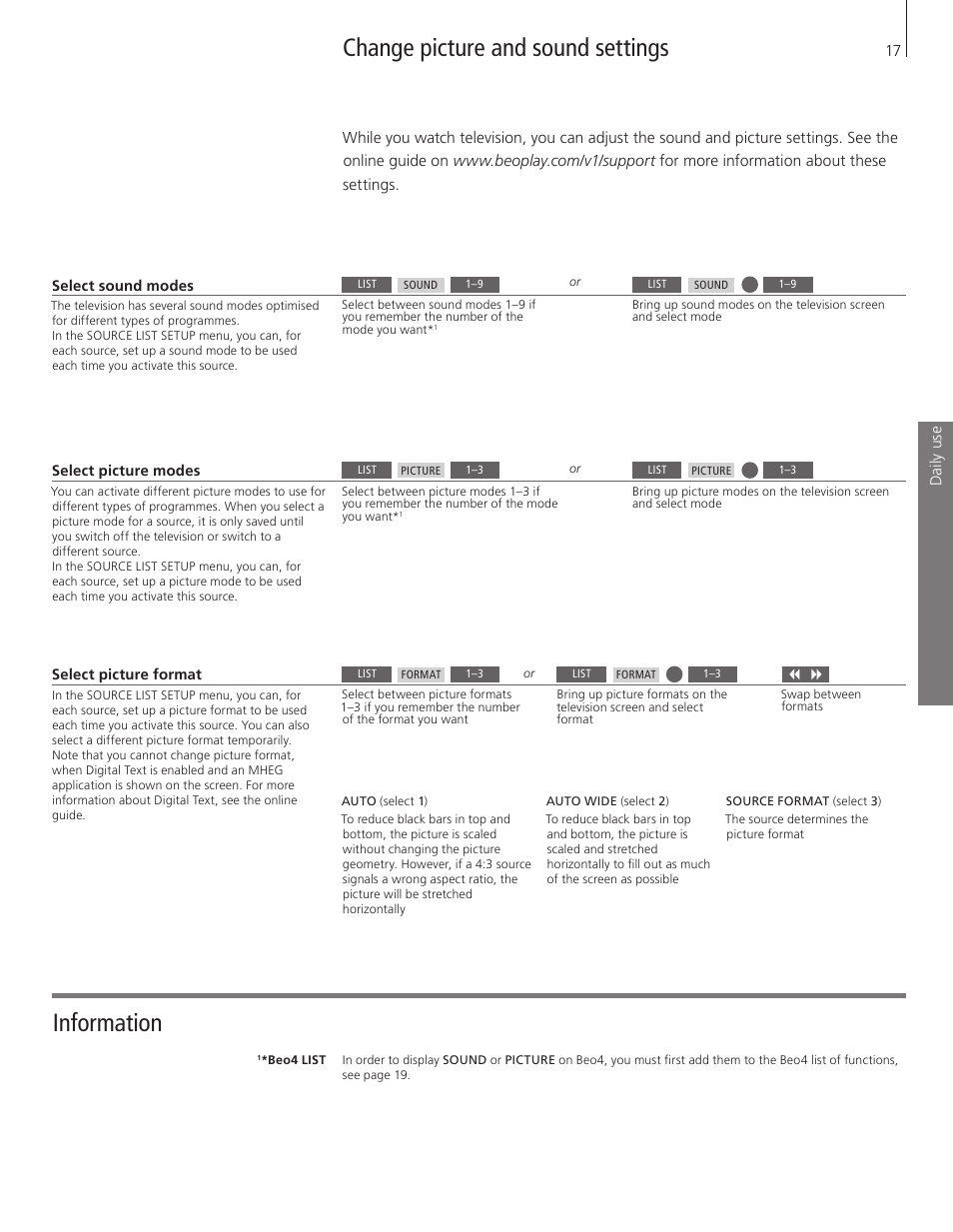 Change picture and sound settings, Information | Bang & Olufsen BeoPlay V1 Getting Started User Manual | Page 17 / 24