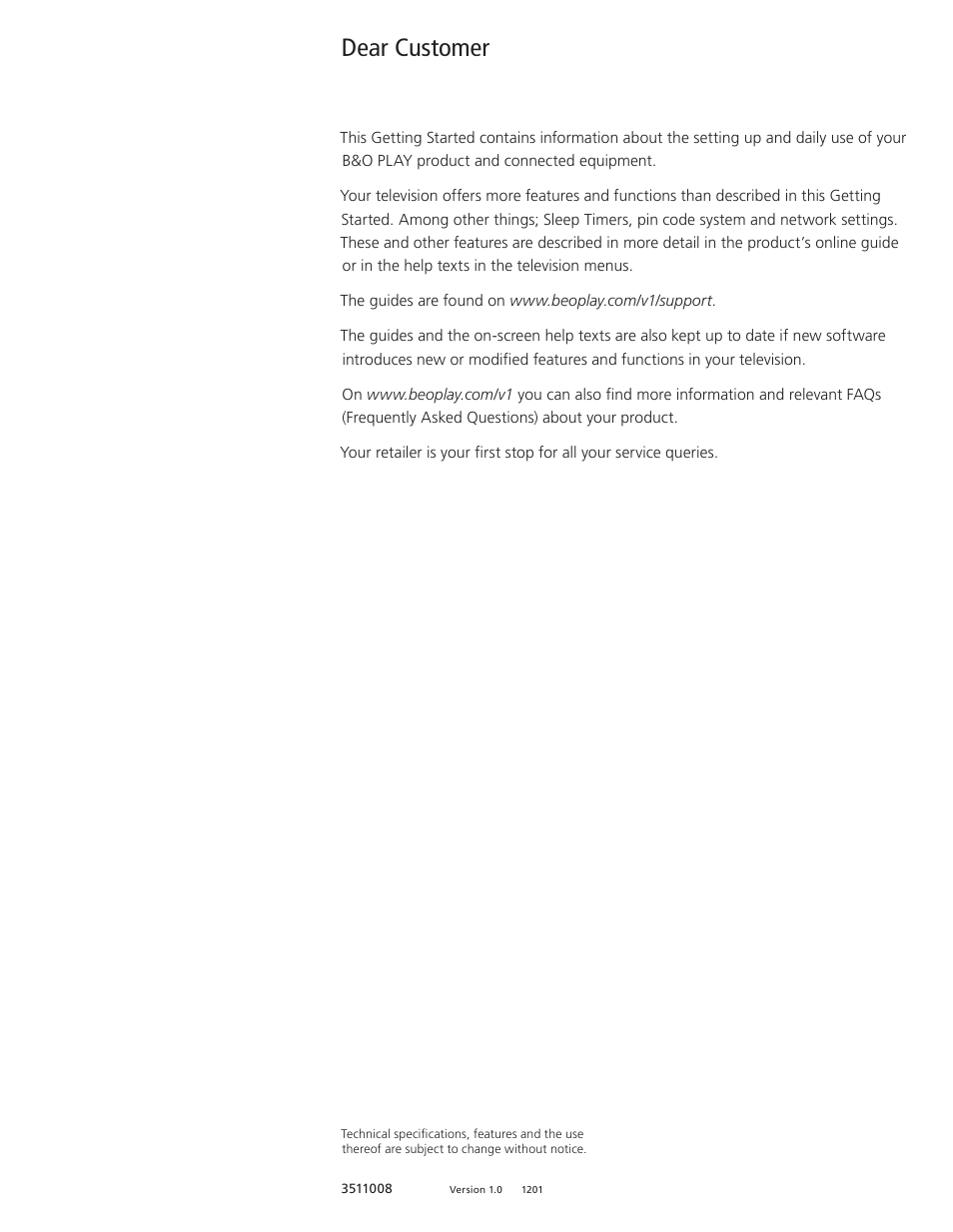 Dear customer | Bang & Olufsen BeoPlay V1 Getting Started User Manual | Page 3 / 24