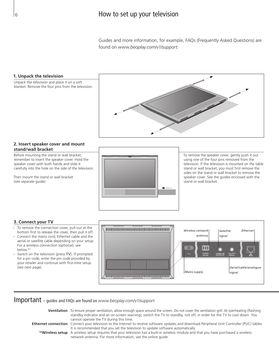 How to set up your television, How to set up your television important | Bang & Olufsen BeoPlay V1 Getting Started User Manual | Page 6 / 24