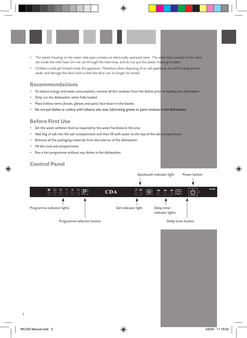 Recommendations, Before first use, Control panel | CDA WC430 User Manual | Page 3 / 16