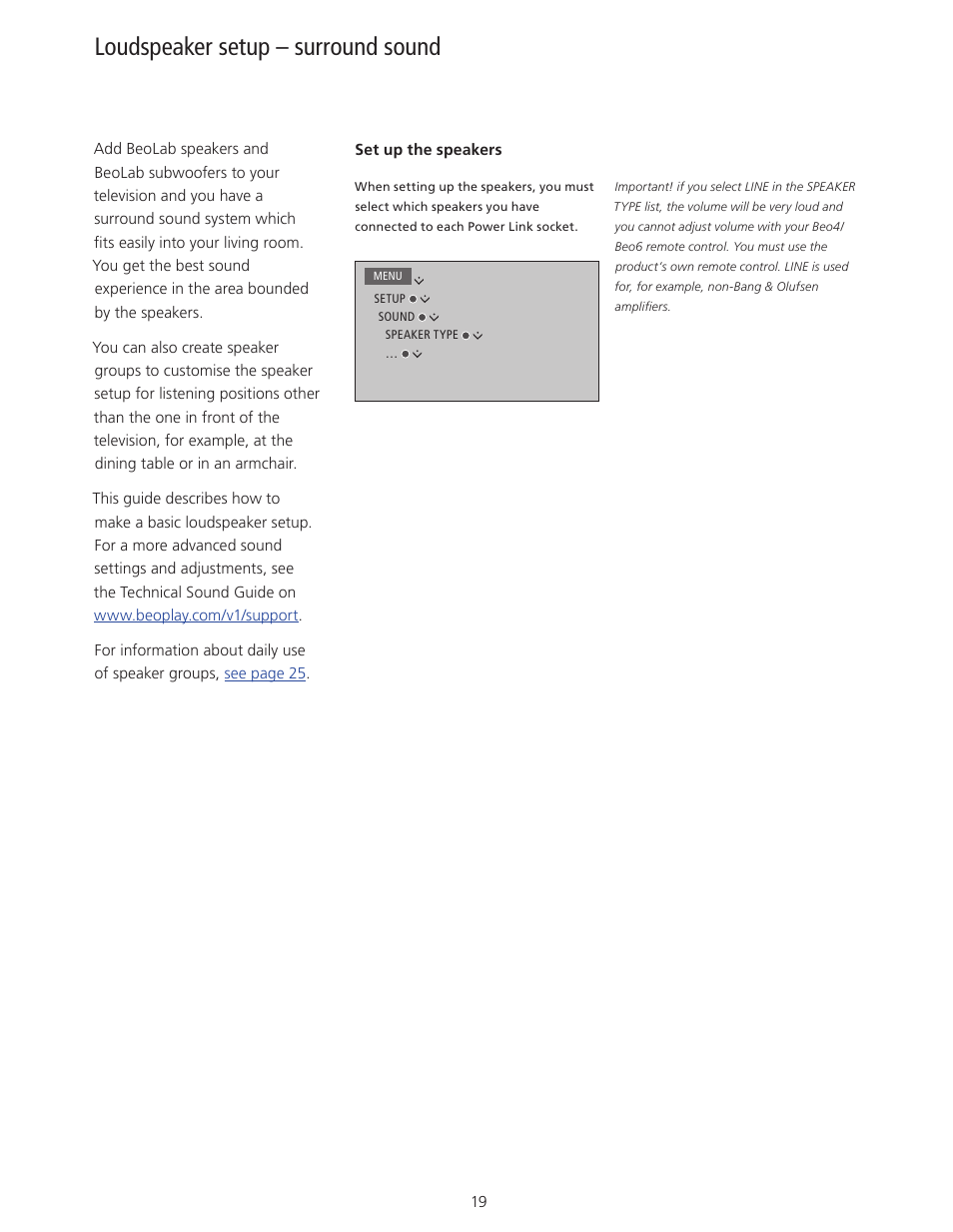 Loudspeaker setup – surround sound | Bang & Olufsen BeoPlay V1 User Guide User Manual | Page 19 / 51