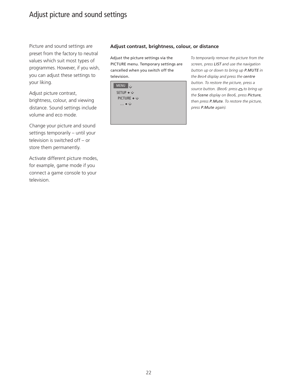 Adjust picture and sound settings, Adjust picture and sound settings, 22 | Bang & Olufsen BeoPlay V1 User Guide User Manual | Page 22 / 51
