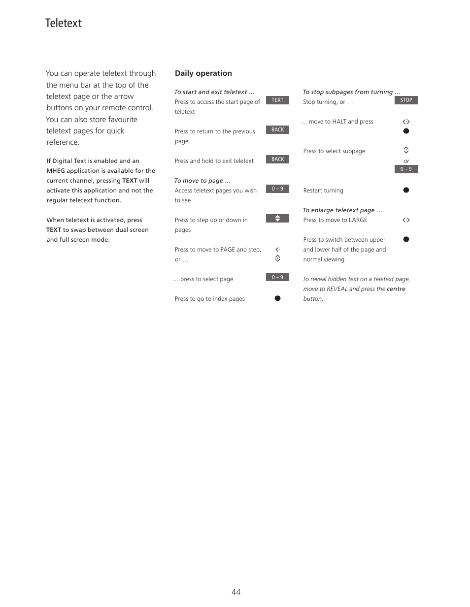 Teletext, Teletext, 44 | Bang & Olufsen BeoPlay V1 User Guide User Manual | Page 44 / 51