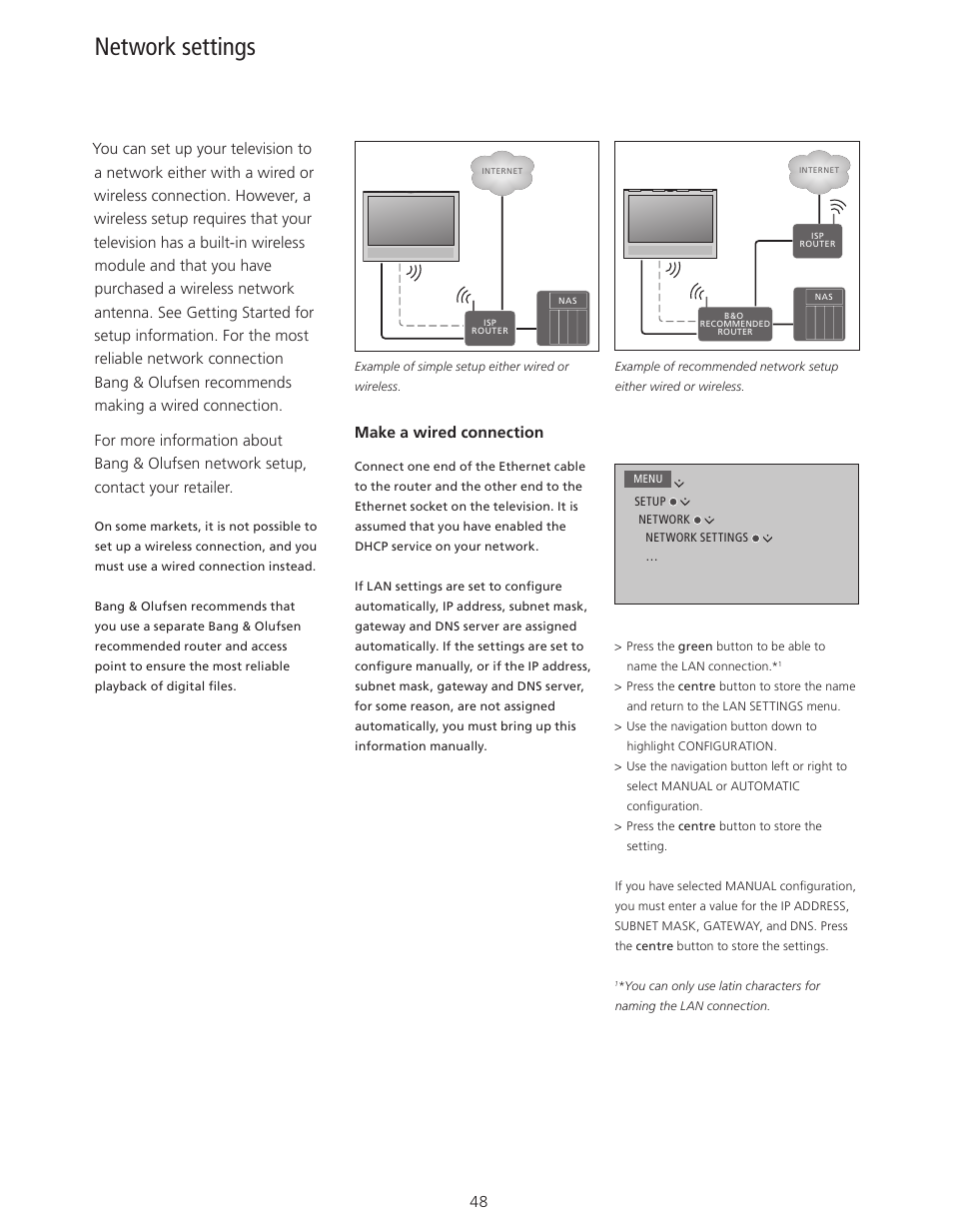 Network settings, See network, Settings | Make a wired connection | Bang & Olufsen BeoPlay V1 User Guide User Manual | Page 48 / 51