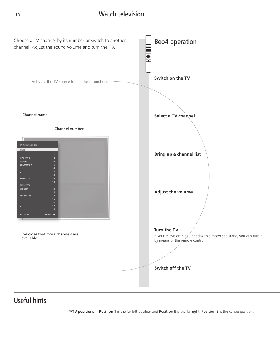 Watch television, Beo4 operation, Useful hints | Bang & Olufsen BeoVision 10 Getting Started User Manual | Page 10 / 32