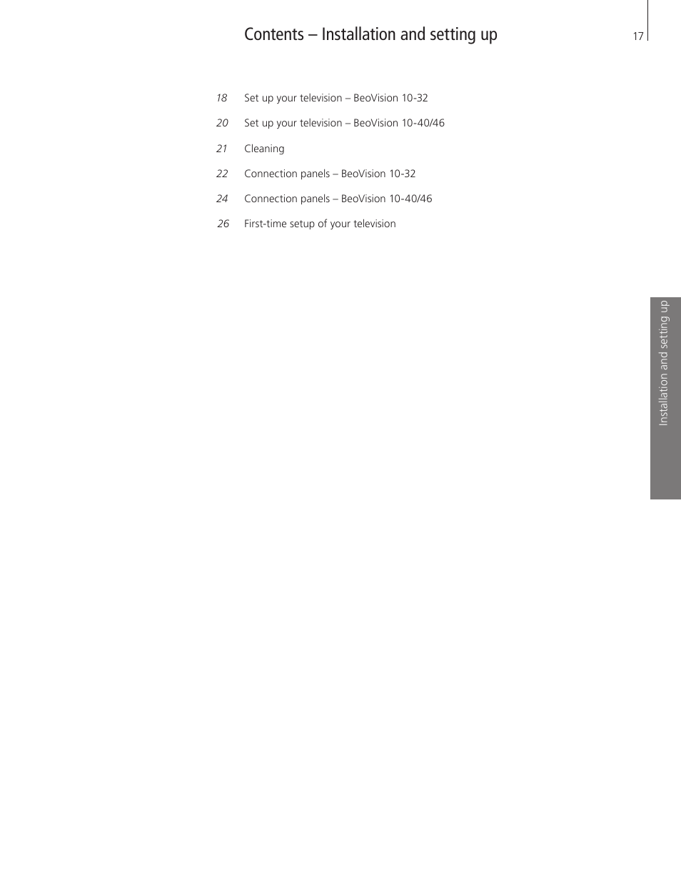 Contents – installation and setting up | Bang & Olufsen BeoVision 10 Getting Started User Manual | Page 17 / 32