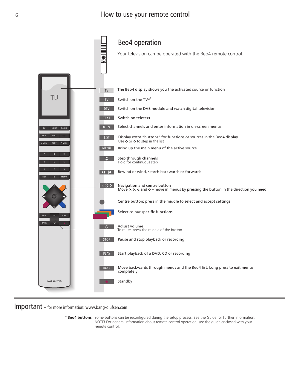 How to use your remote control, How to use your remote control important, Beo4 operation | Bang & Olufsen BeoVision 10 Getting Started User Manual | Page 6 / 32