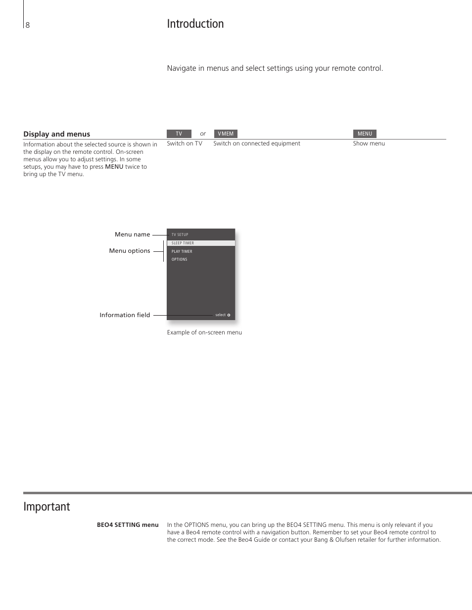 Introduction, Important | Bang & Olufsen BeoVision 10 Getting Started User Manual | Page 8 / 32
