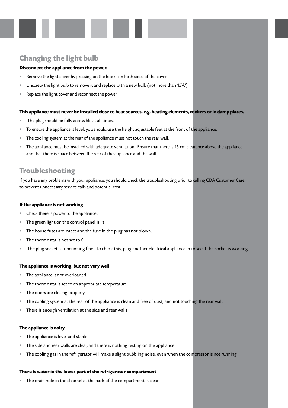 Changing the light bulb, Troubleshooting | CDA FF850 User Manual | Page 6 / 8