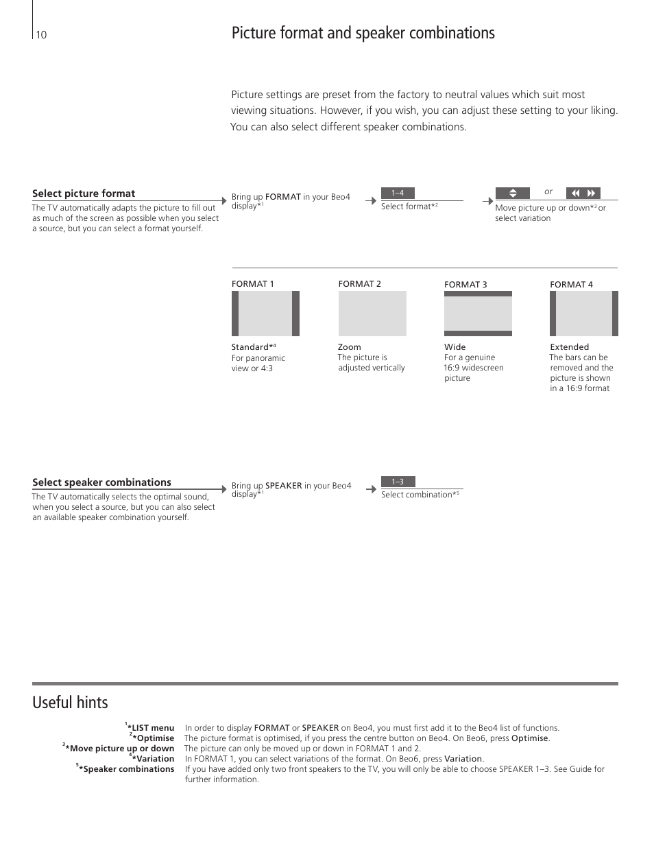 Picture format and speaker combinations, Useful hints | Bang & Olufsen BeoVision 10 Getting Started User Manual | Page 10 / 24