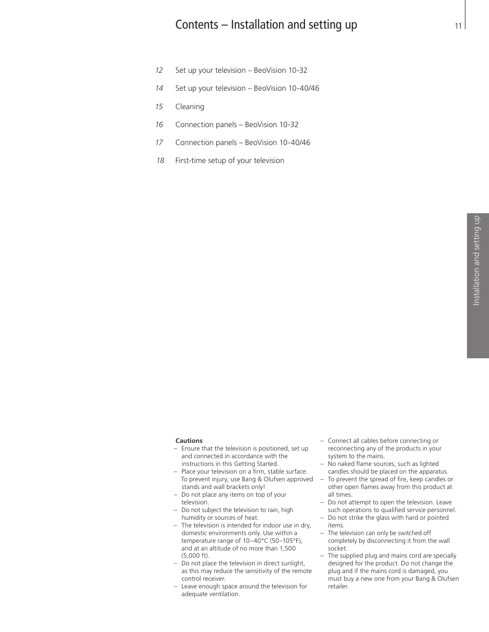 Contents – installation and setting up | Bang & Olufsen BeoVision 10 Getting Started User Manual | Page 11 / 24