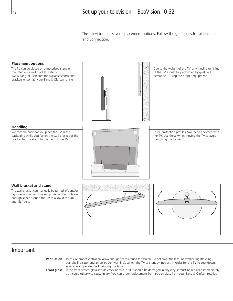 Set up your television – beovision 10-32, Set up your television – beovision 10-32 important | Bang & Olufsen BeoVision 10 Getting Started User Manual | Page 12 / 24