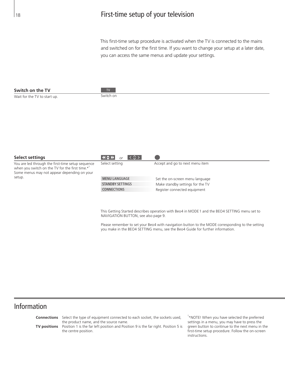 First-time setup of your television, Information | Bang & Olufsen BeoVision 10 Getting Started User Manual | Page 18 / 24