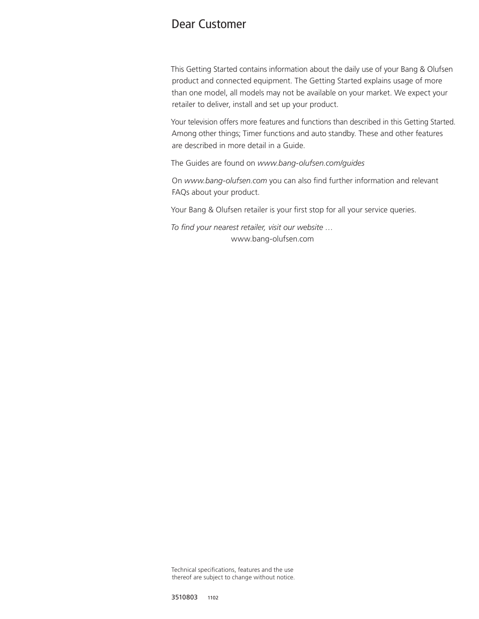 Dear customer | Bang & Olufsen BeoVision 10 Getting Started User Manual | Page 3 / 24