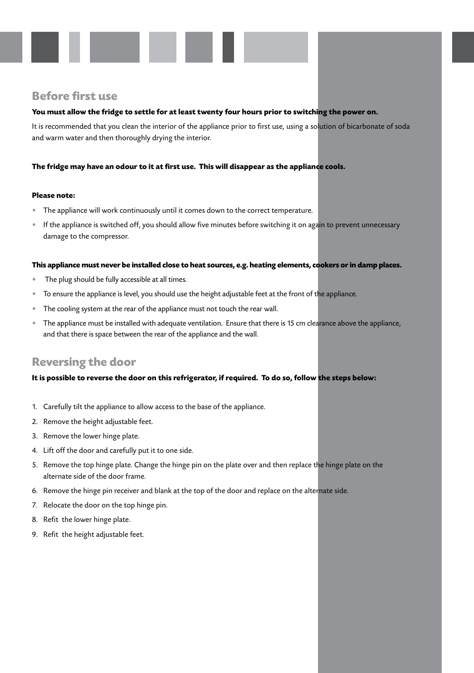 Before first use, Reversing the door | CDA FF150 User Manual | Page 3 / 8