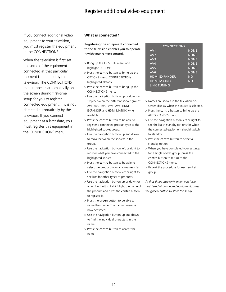 Register additional video equipment, Connections menu, Connections | Bang & Olufsen BeoVision 10 User Guide User Manual | Page 12 / 46