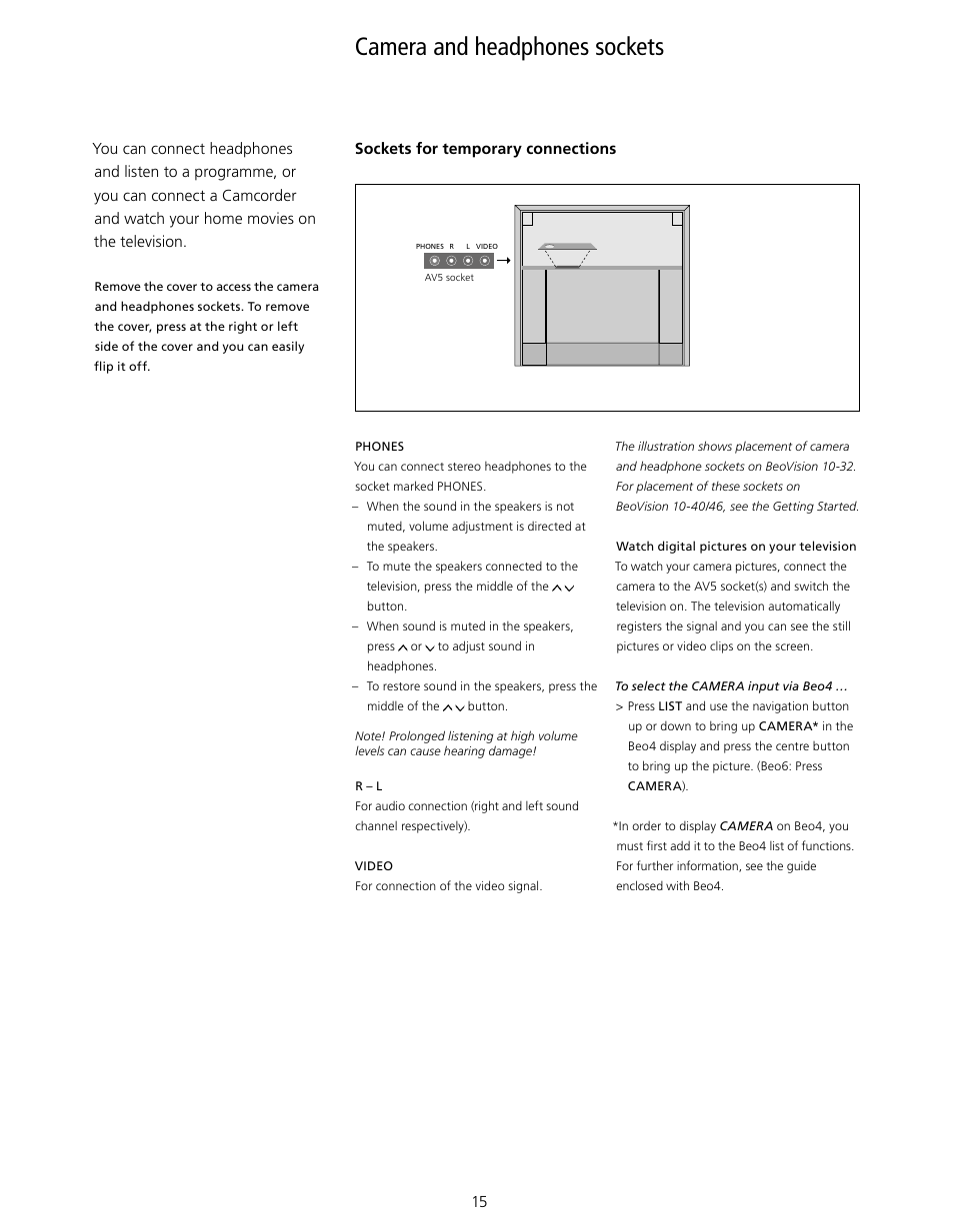 Camera and headphones sockets | Bang & Olufsen BeoVision 10 User Guide User Manual | Page 15 / 46