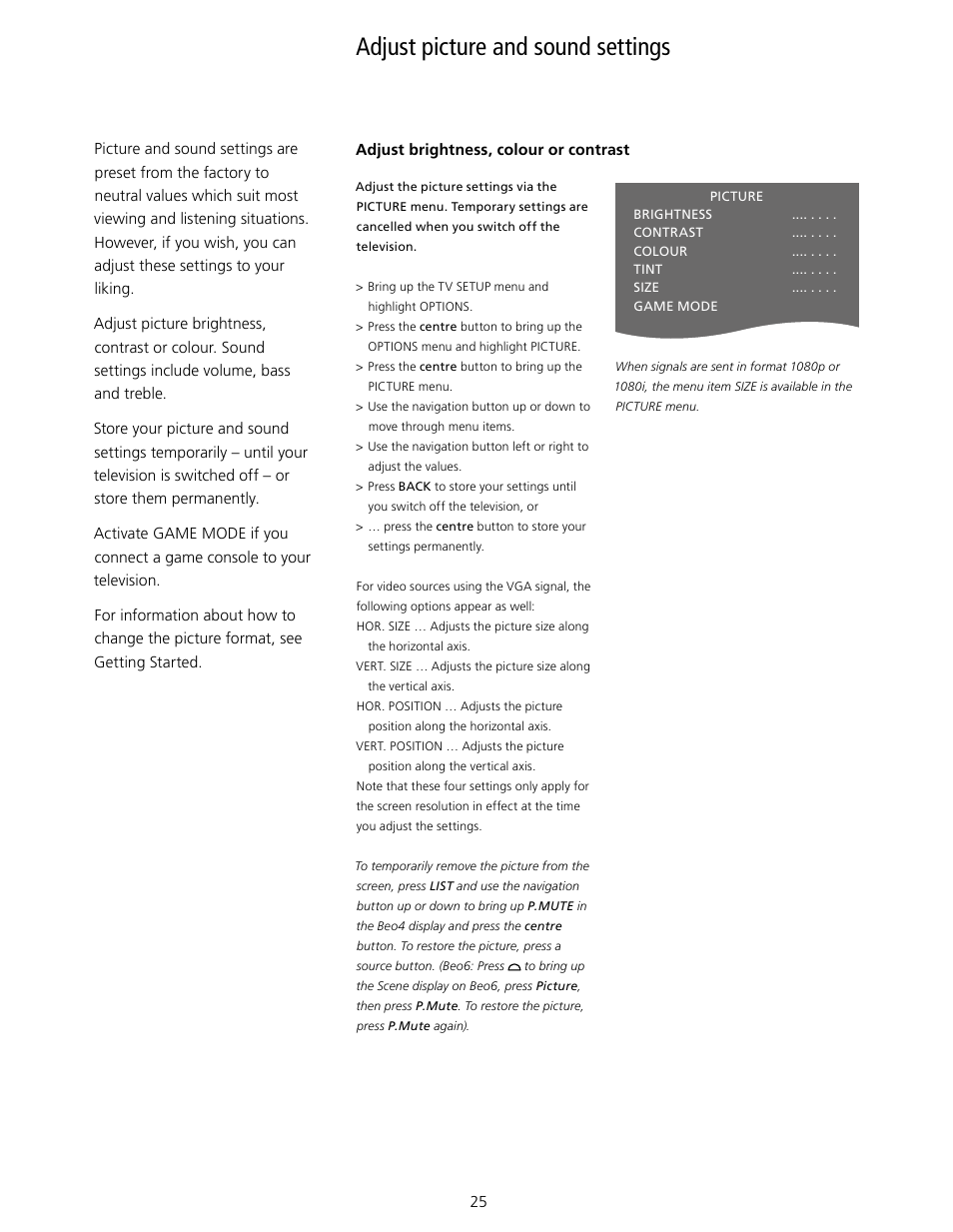 Adjust picture and sound settings, Adjust picture and sound settings, 25, Sound | Picture | Bang & Olufsen BeoVision 10 User Guide User Manual | Page 25 / 46