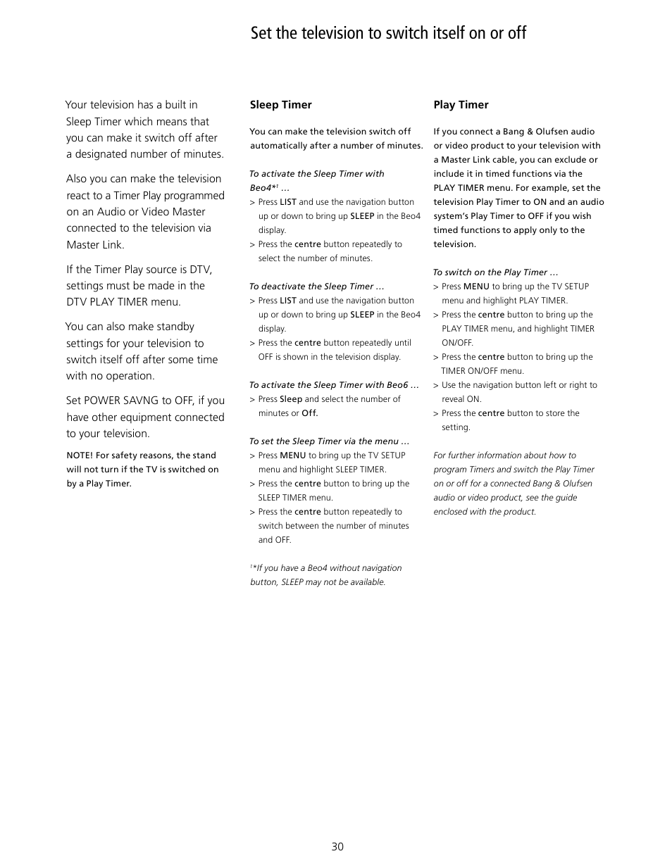 Set the television to switch itself on or off, Timer. how to make auto standby settings, And save power | Timer | Bang & Olufsen BeoVision 10 User Guide User Manual | Page 30 / 46