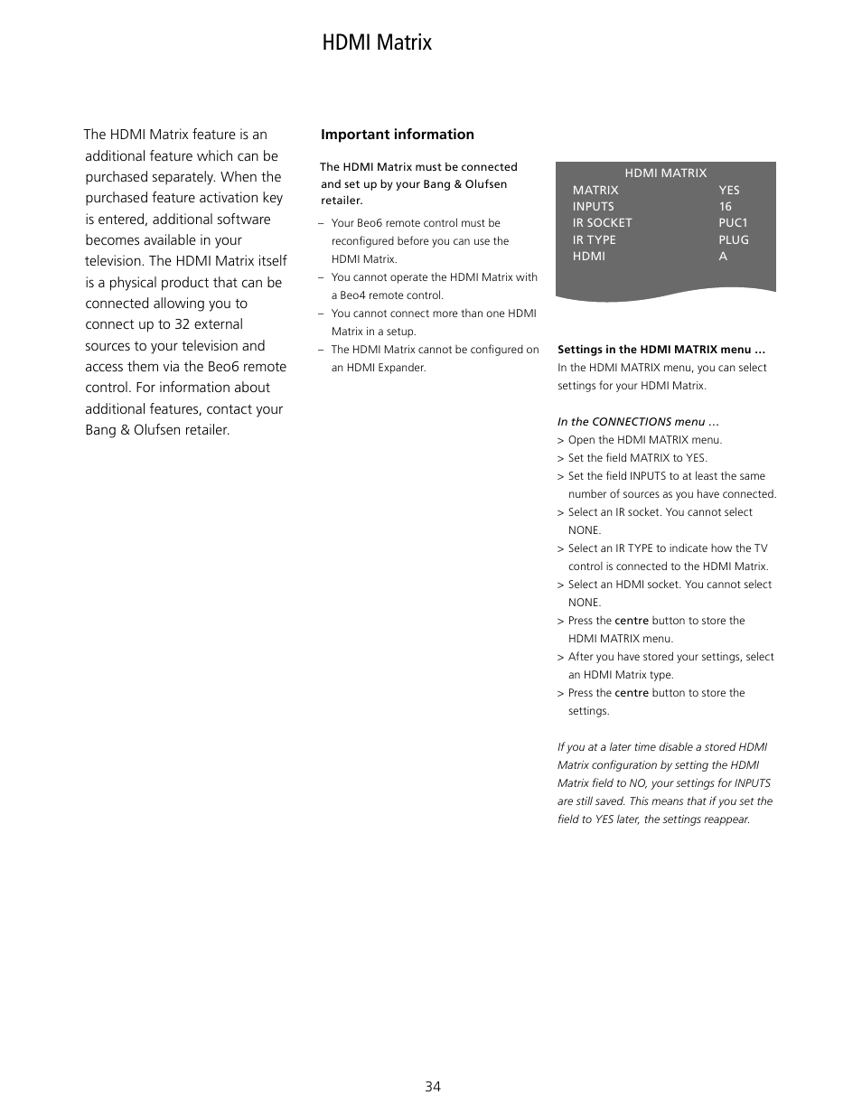 Hdmi matrix | Bang & Olufsen BeoVision 10 User Guide User Manual | Page 34 / 46