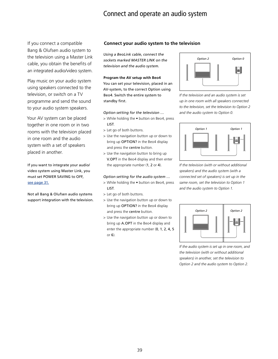 Connect and operate an audio system | Bang & Olufsen BeoVision 10 User Guide User Manual | Page 39 / 46