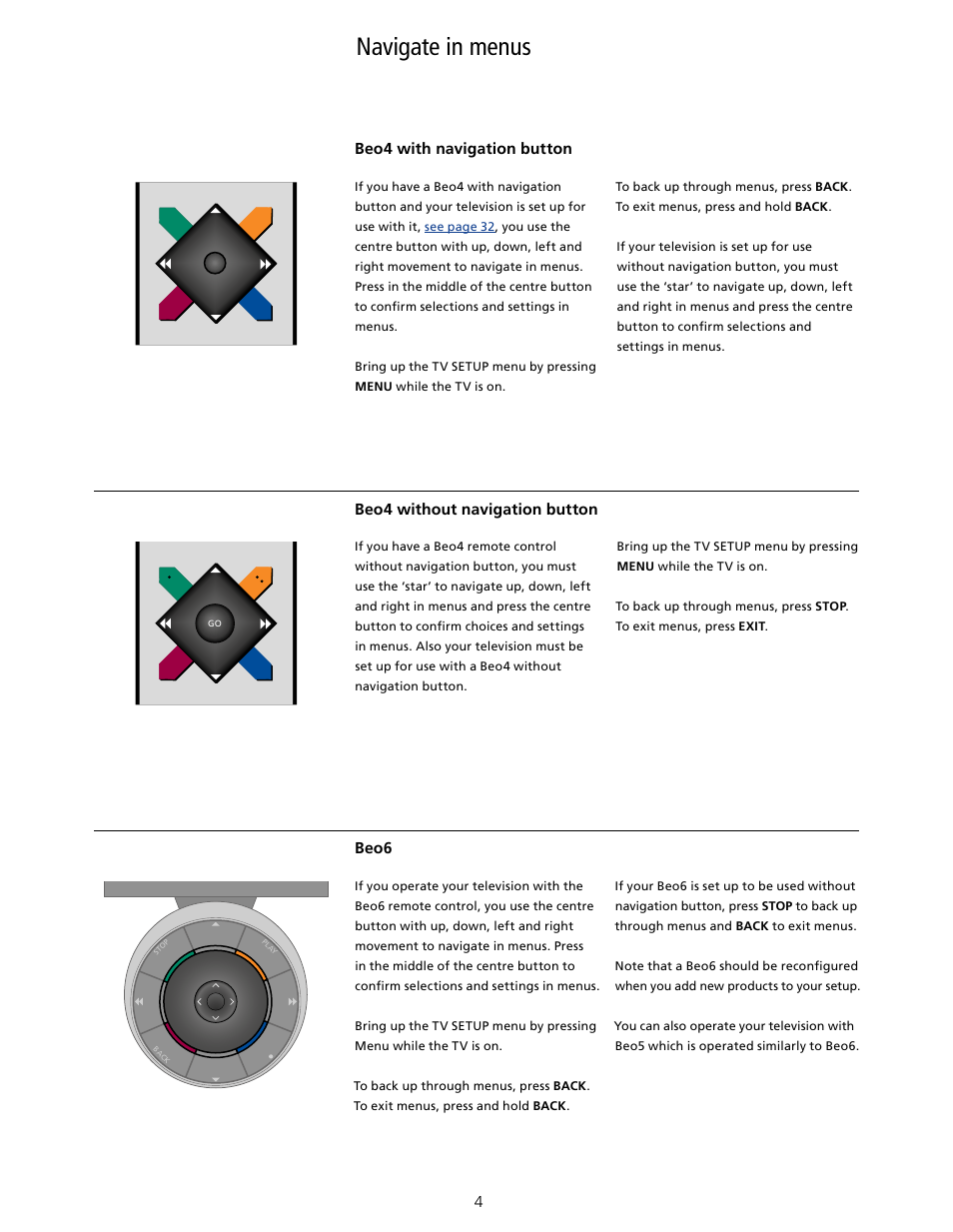 Navigate in menus, Navigate in menus, 4 | Bang & Olufsen BeoVision 10 User Guide User Manual | Page 4 / 46