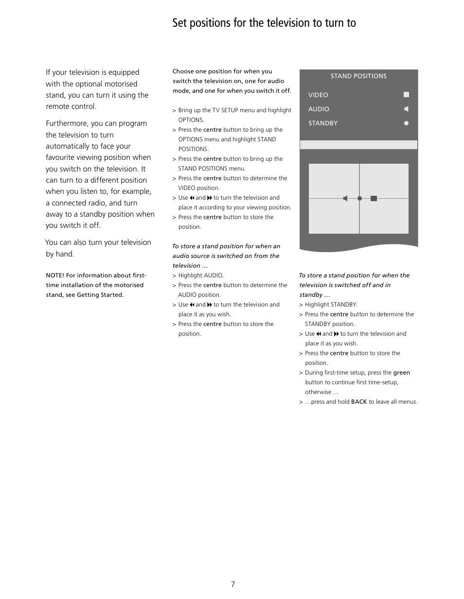 Set positions for the television to turn to, Stand positions | Bang & Olufsen BeoVision 10 User Guide User Manual | Page 7 / 46