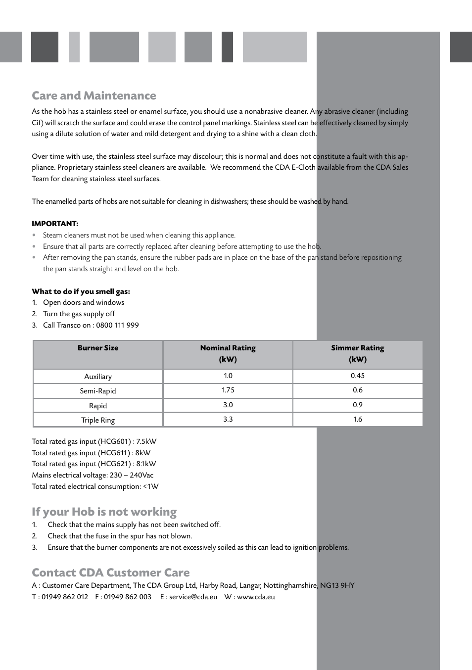 Care and maintenance, If your hob is not working, Contact cda customer care | CDA HCG601 User Manual | Page 6 / 12