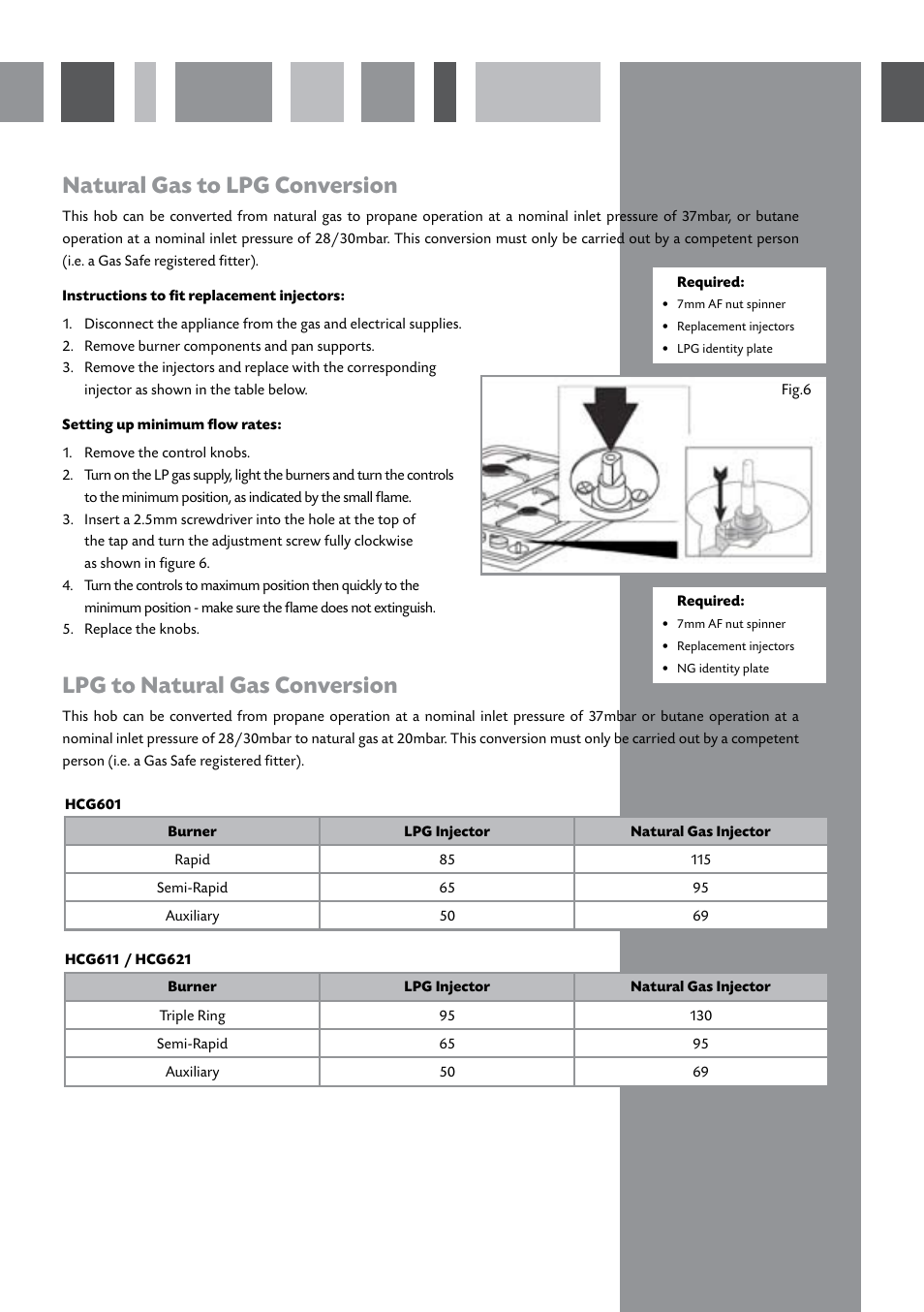 Natural gas to lpg conversion, Lpg to natural gas conversion | CDA HCG601 User Manual | Page 9 / 12