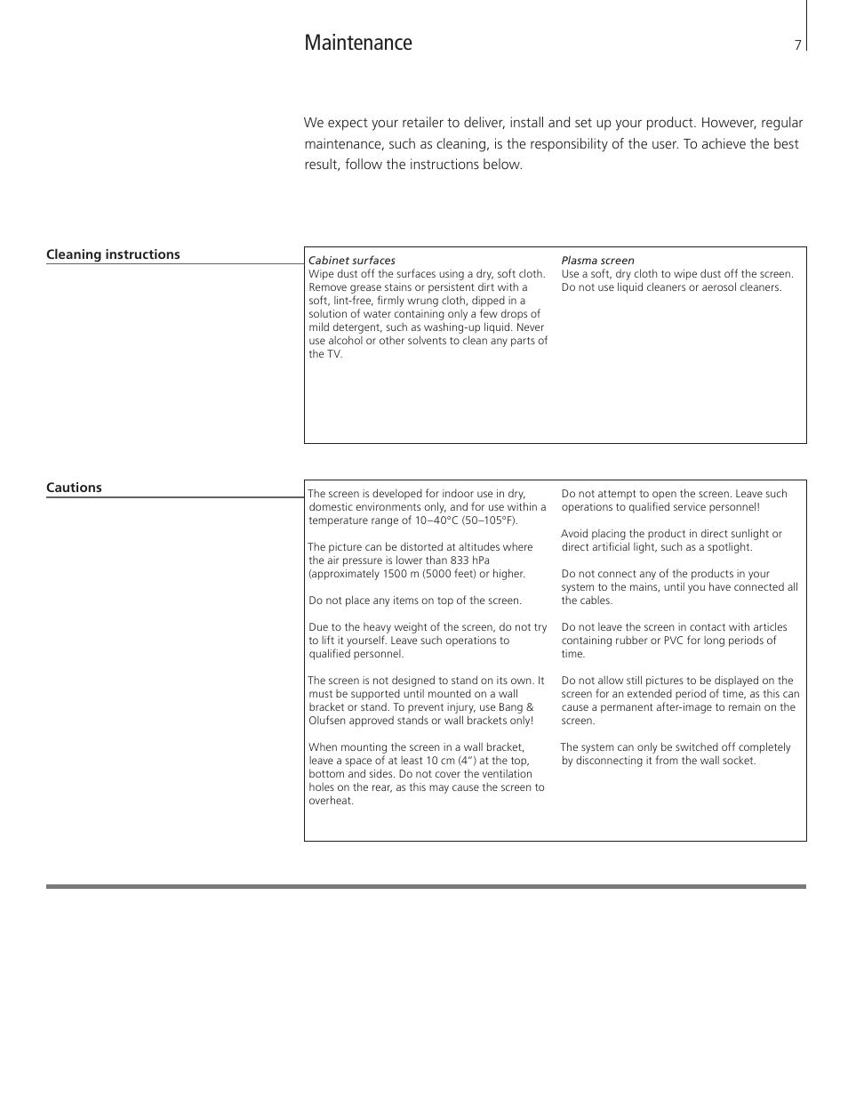 Maintenance | Bang & Olufsen BeoVision 4-85/103 User Manual | Page 7 / 12