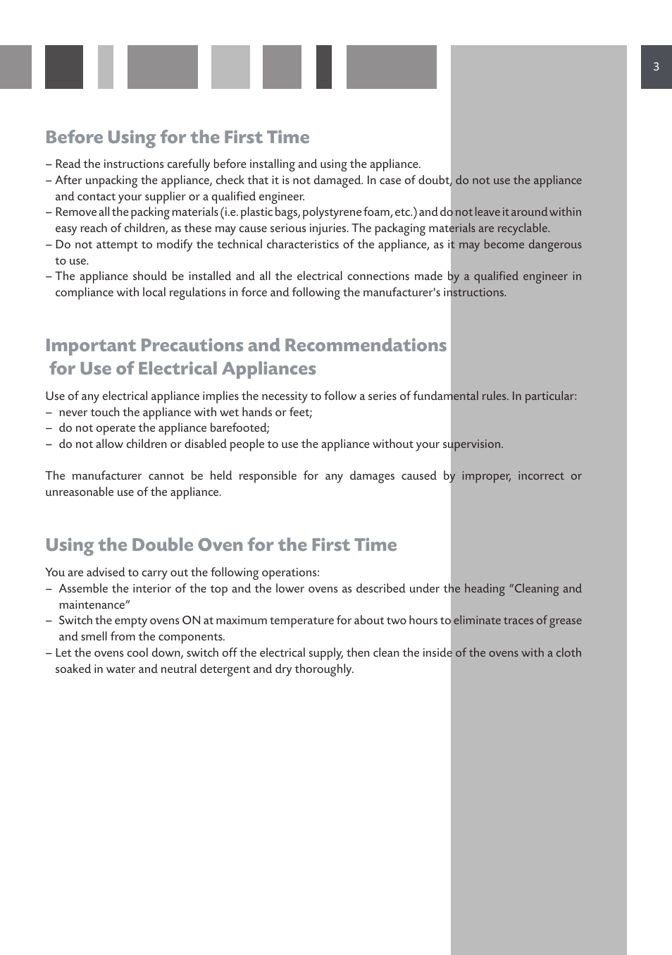 Before using for the first time, Using the double oven for the first time | CDA DV 710 User Manual | Page 3 / 36