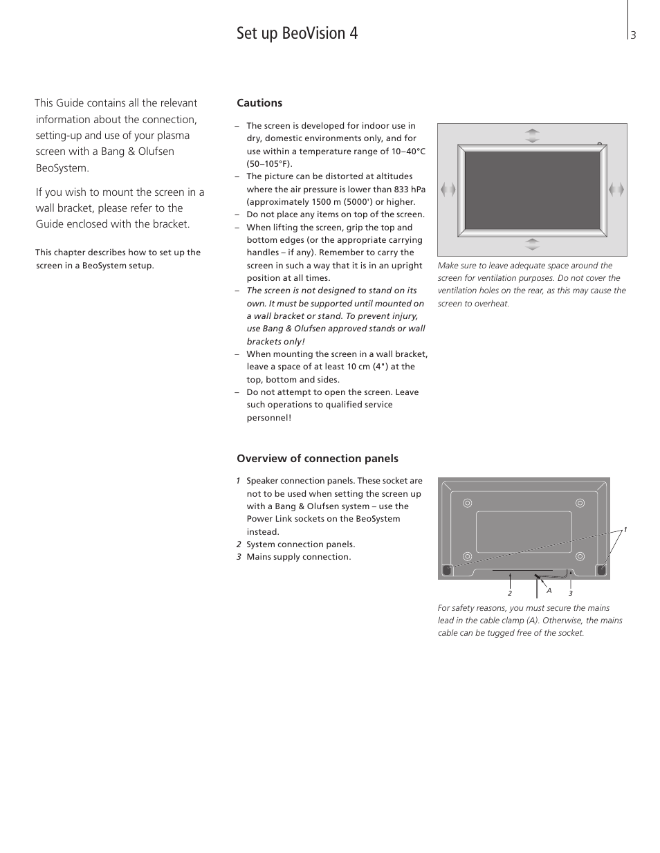 Set up beovision 4, Cautions, Overview of connection panels | Bang & Olufsen BeoVision 4-50/65 User Manual | Page 3 / 8