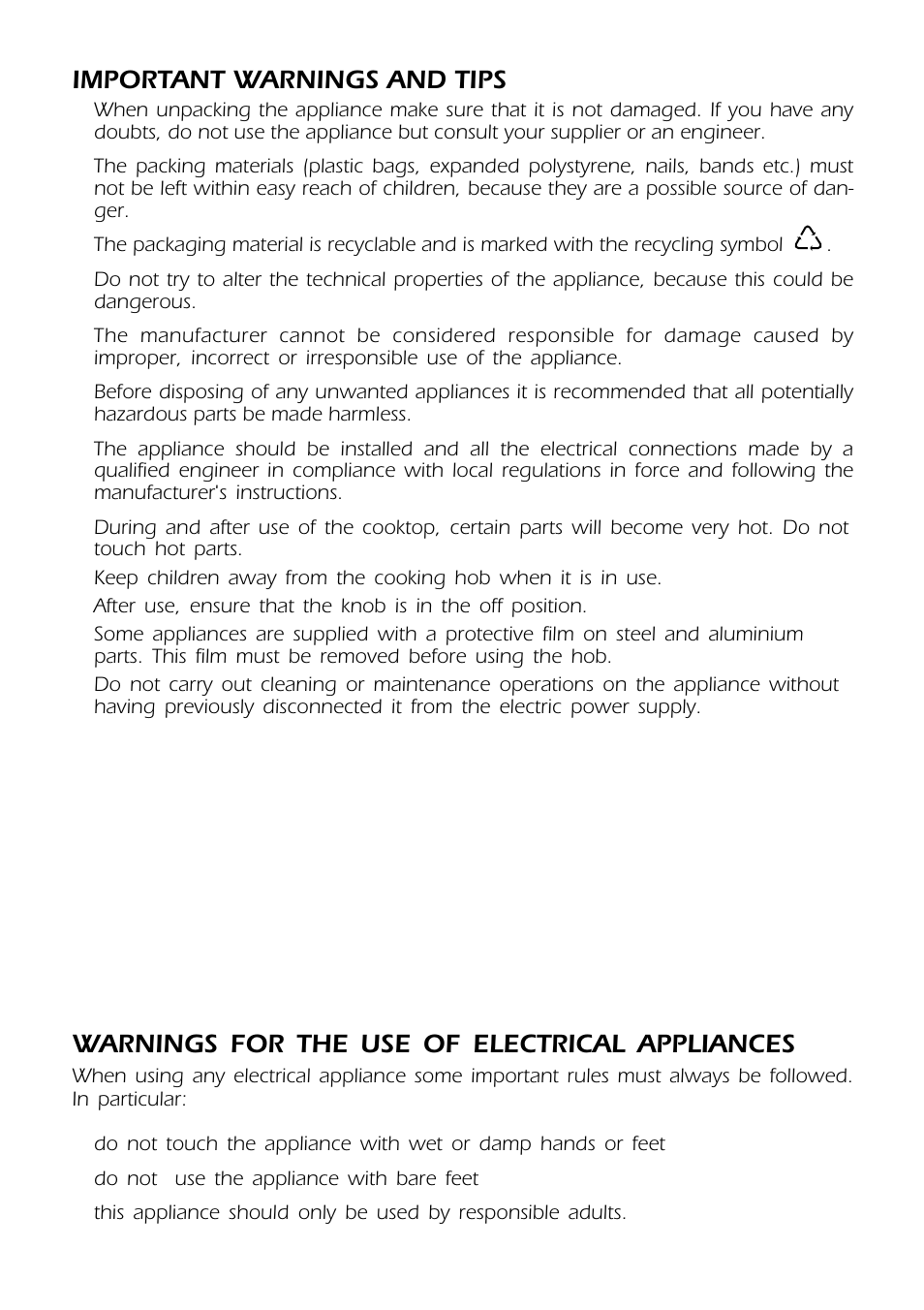 Warnings for the use of electrical appliances, Important warnings and tips | CDA HCC310 User Manual | Page 3 / 12