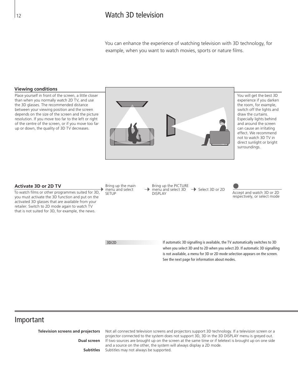 Watch 3d television, Important | Bang & Olufsen BeoSystem 4 with Beo4 Getting Started User Manual | Page 12 / 22