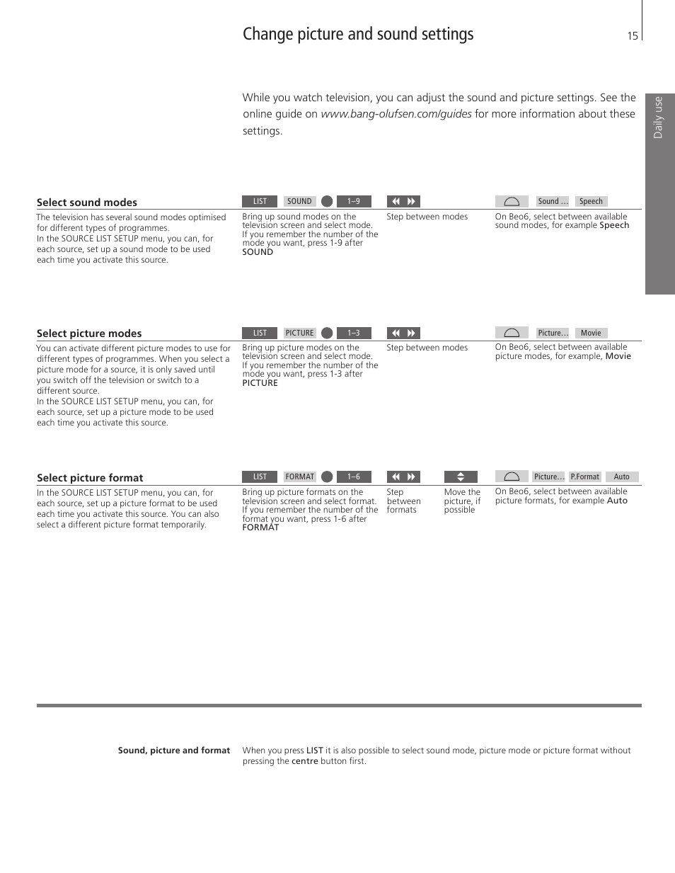 Change picture and sound settings | Bang & Olufsen BeoSystem 4 with Beo4 Getting Started User Manual | Page 15 / 22