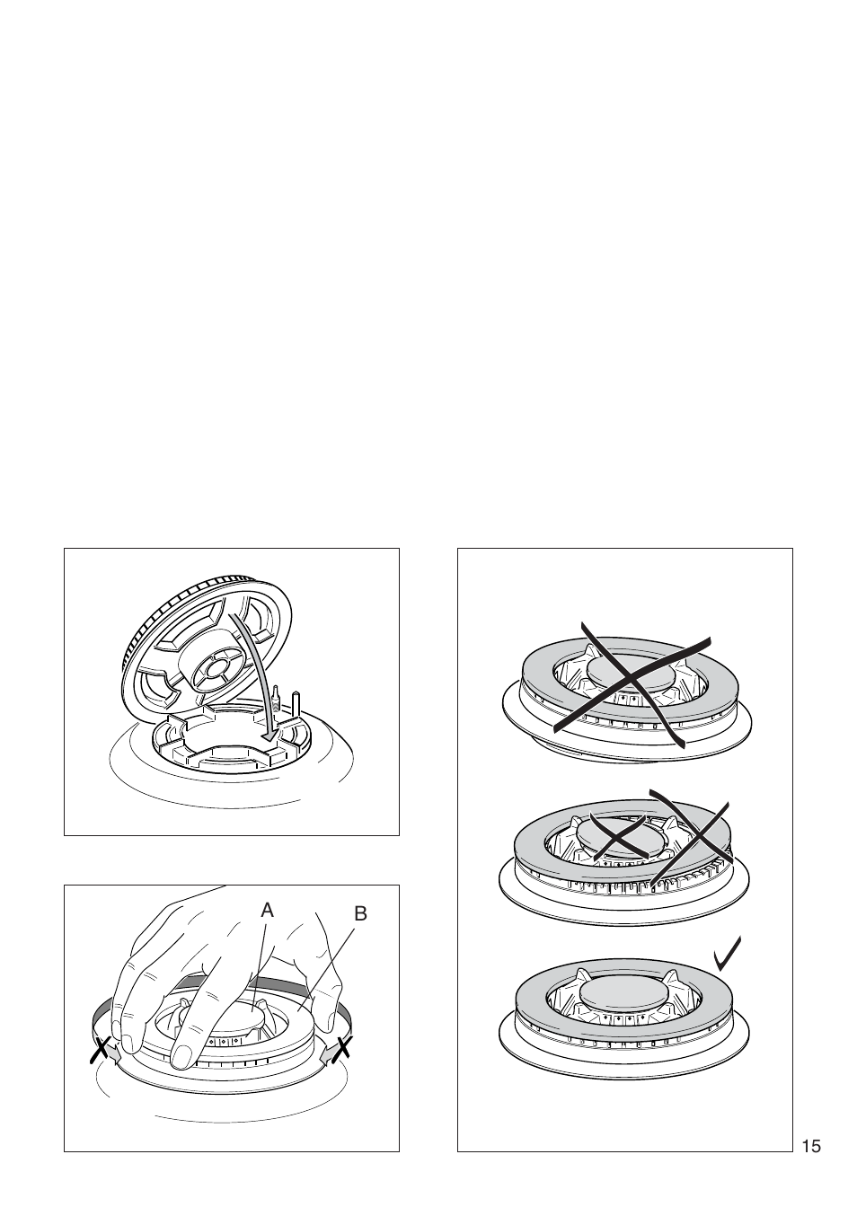 Correct position of triple ring burner | CDA COOKING HOB HCG 740 User Manual | Page 15 / 32