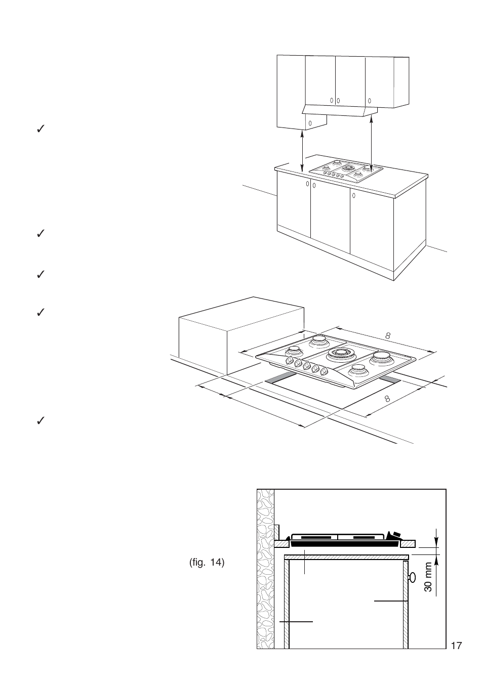 Technical information for the installer, Installation in kitchen cabinet with door, Fig. 14) | Space for connections clearance door, 30 mm | CDA COOKING HOB HCG 740 User Manual | Page 17 / 32