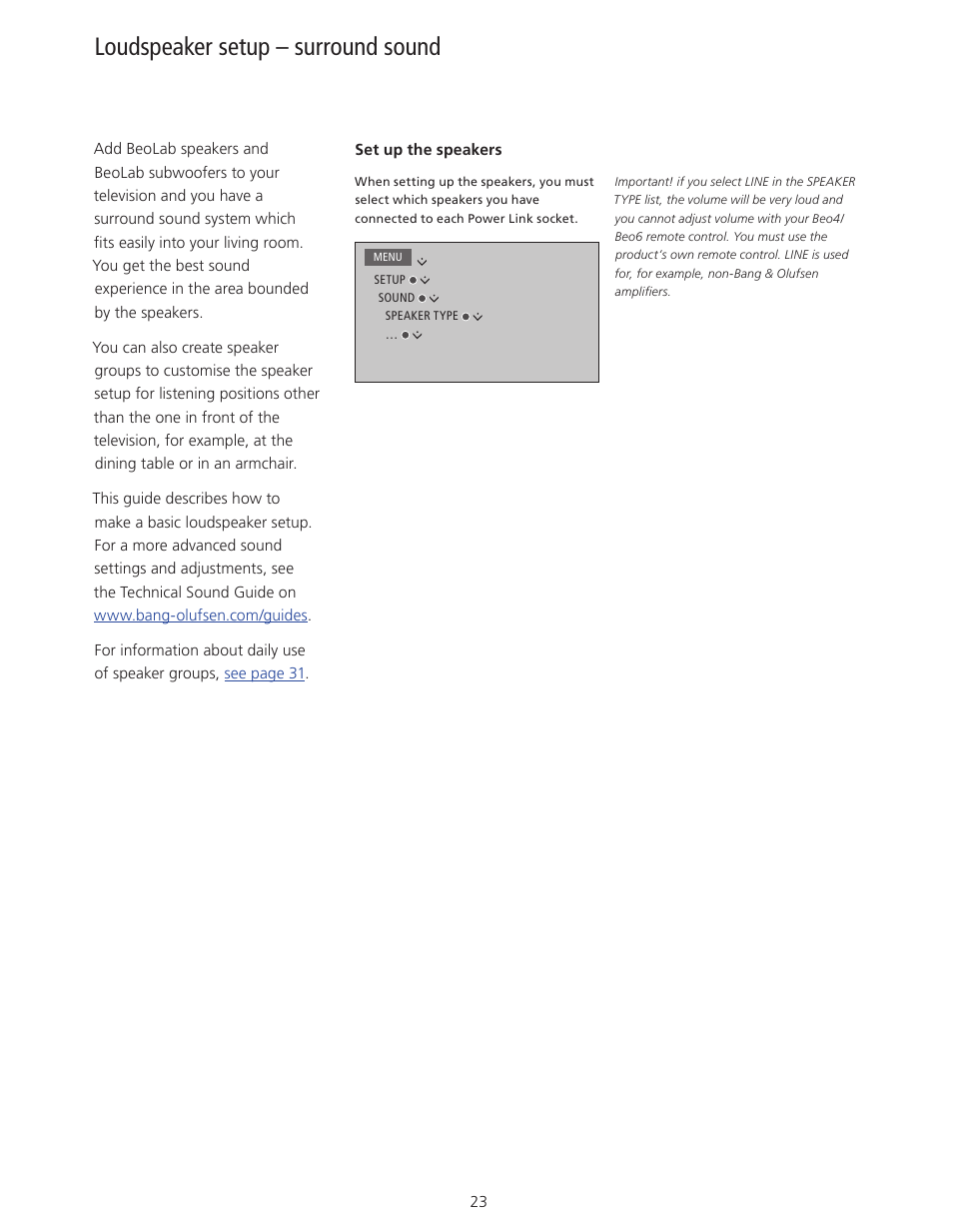 Loudspeaker setup – surround sound | Bang & Olufsen BeoSystem 4 with Beo4 User Guide User Manual | Page 23 / 58