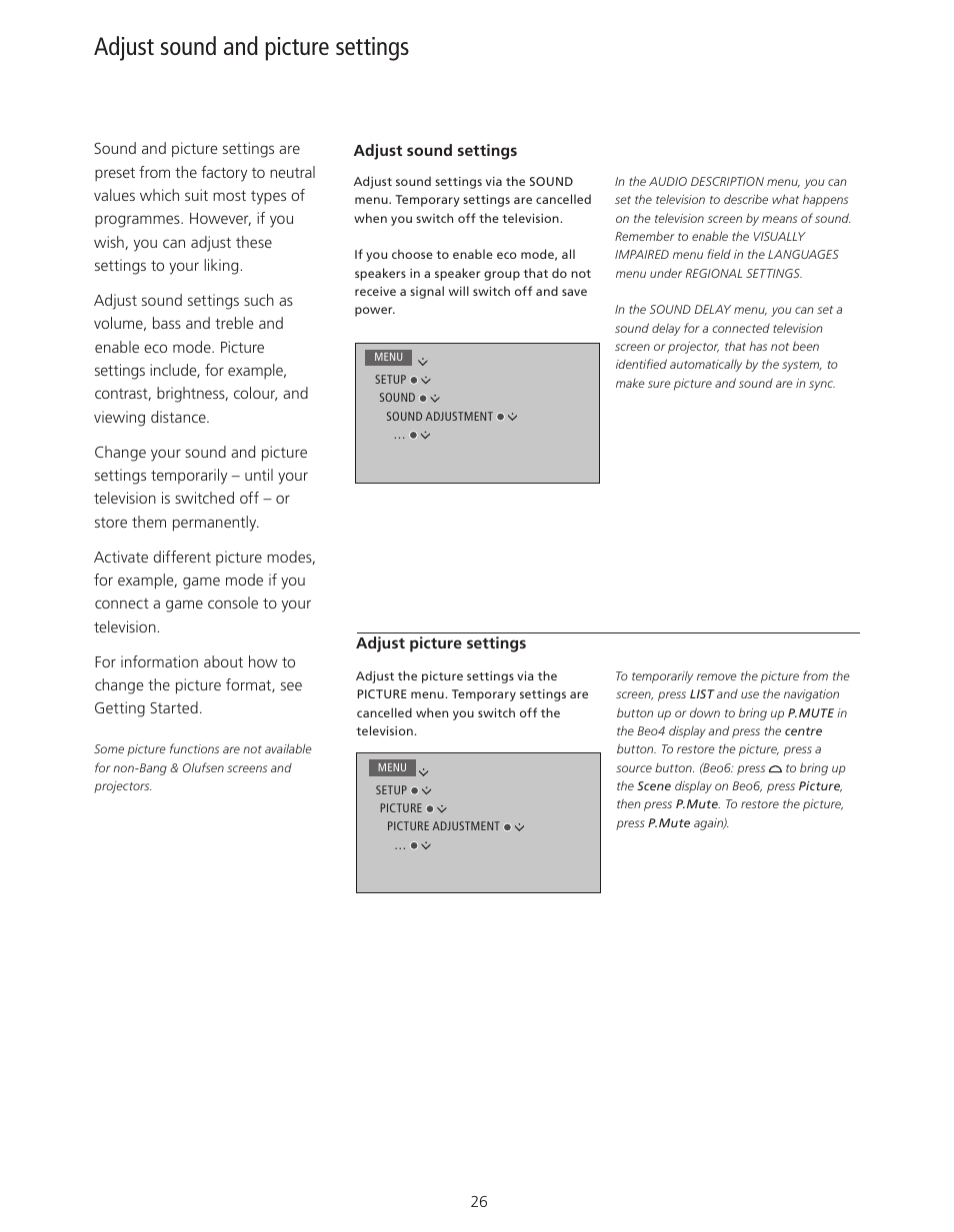 Adjust sound and picture settings, 26, Adjust sound and picture settings | Bang & Olufsen BeoSystem 4 with Beo4 User Guide User Manual | Page 26 / 58