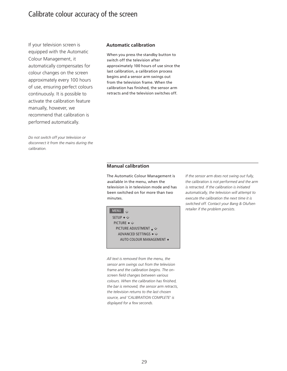 Calibrate colour accuracy of the screen | Bang & Olufsen BeoSystem 4 with Beo4 User Guide User Manual | Page 29 / 58