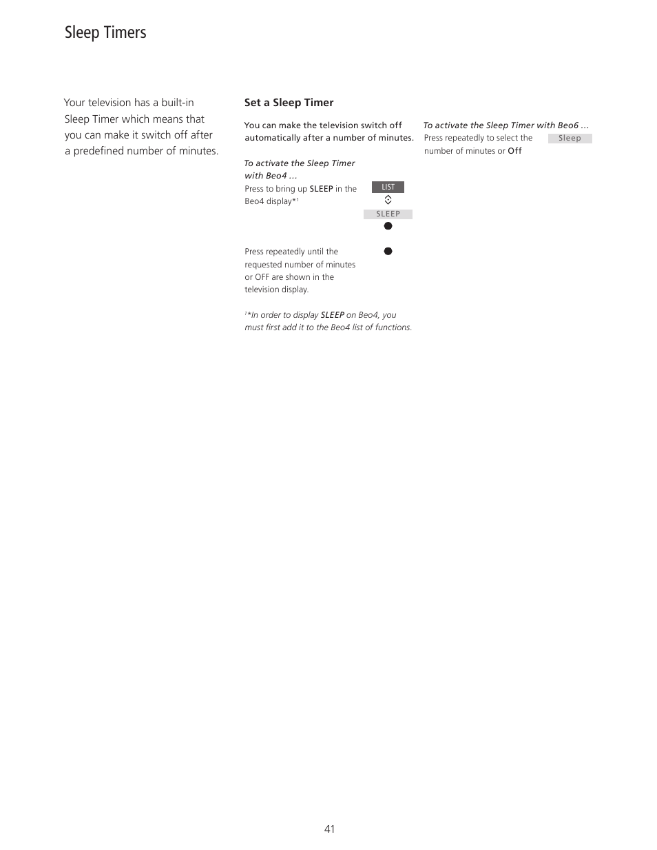 Sleep timers | Bang & Olufsen BeoSystem 4 with Beo4 User Guide User Manual | Page 41 / 58