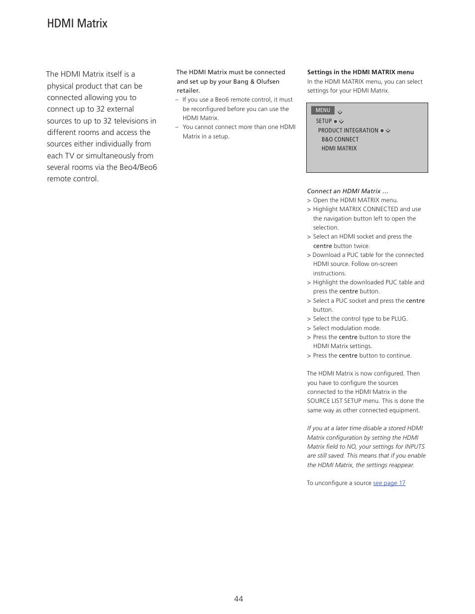 Hdmi matrix | Bang & Olufsen BeoSystem 4 with Beo4 User Guide User Manual | Page 44 / 58