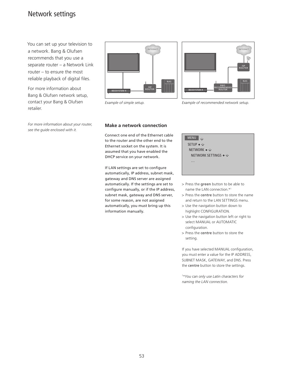 Network settings, Make a network connection | Bang & Olufsen BeoSystem 4 with Beo4 User Guide User Manual | Page 53 / 58