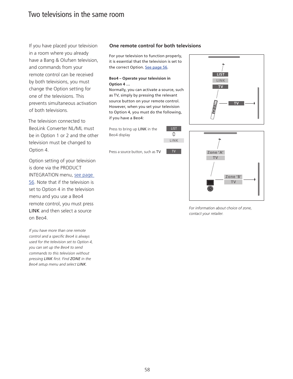 Two televisions in the same room, 58, Two televisions in the same room | Bang & Olufsen BeoSystem 4 with Beo4 User Guide User Manual | Page 58 / 58