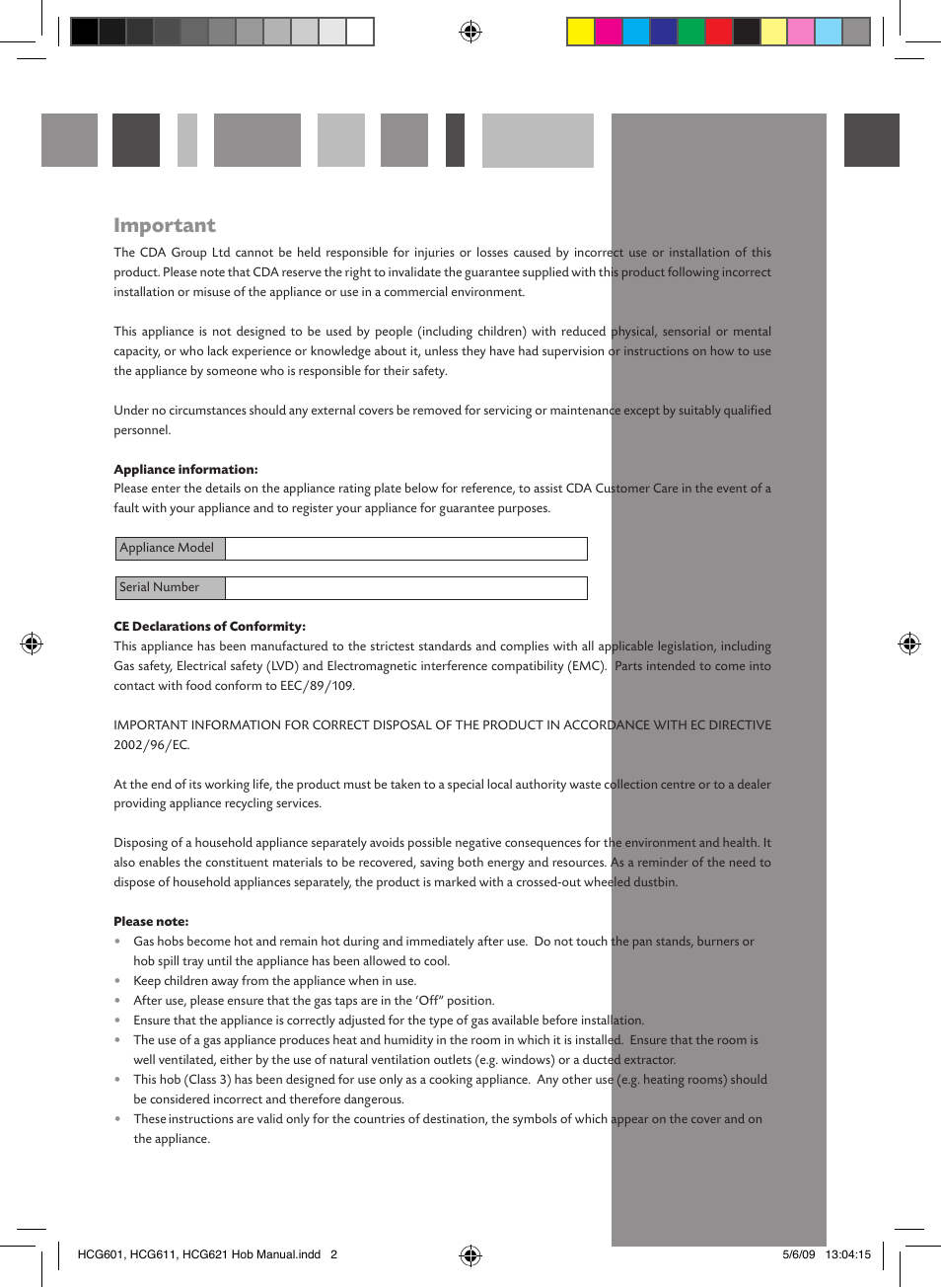Important | CDA HCG612 User Manual | Page 2 / 12