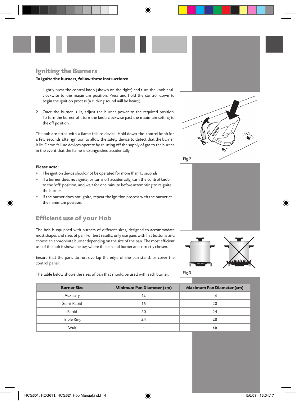 Igniting the burners, Efficient use of your hob | CDA HCG612 User Manual | Page 4 / 12