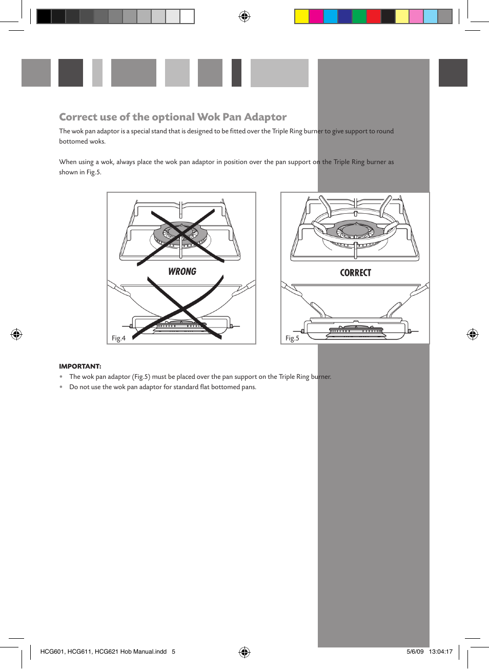 Correct use of the optional wok pan adaptor | CDA HCG612 User Manual | Page 5 / 12