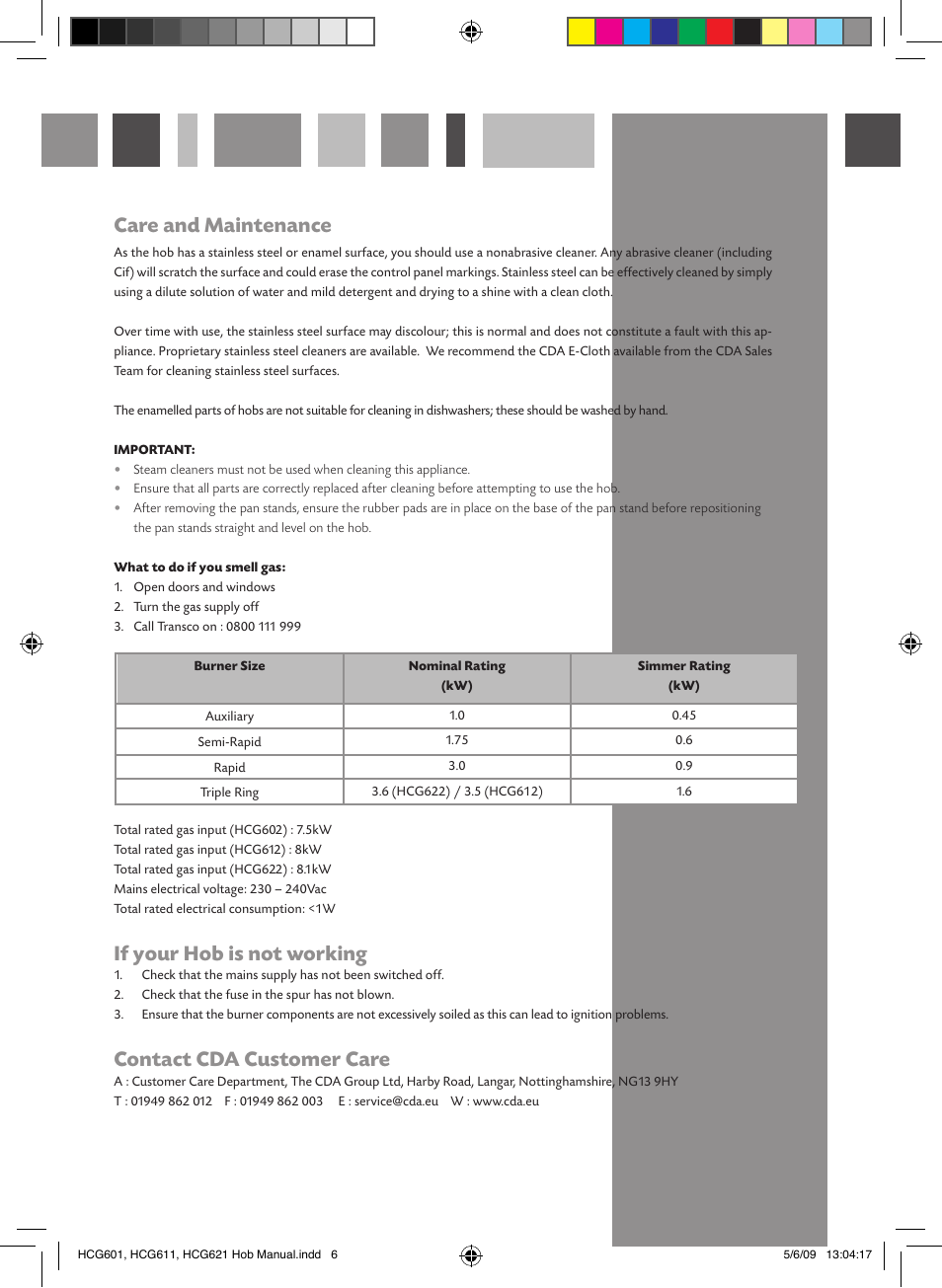 Care and maintenance, If your hob is not working, Contact cda customer care | CDA HCG612 User Manual | Page 6 / 12